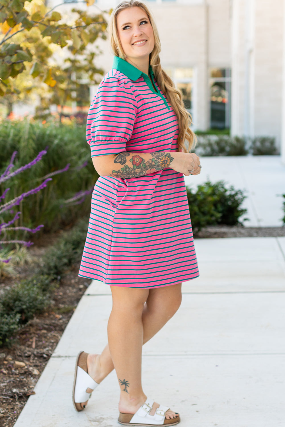 Rose Stripe V Neck Puff Sleeve Shift Dress With Pockets Dear-Lover Dropshipping